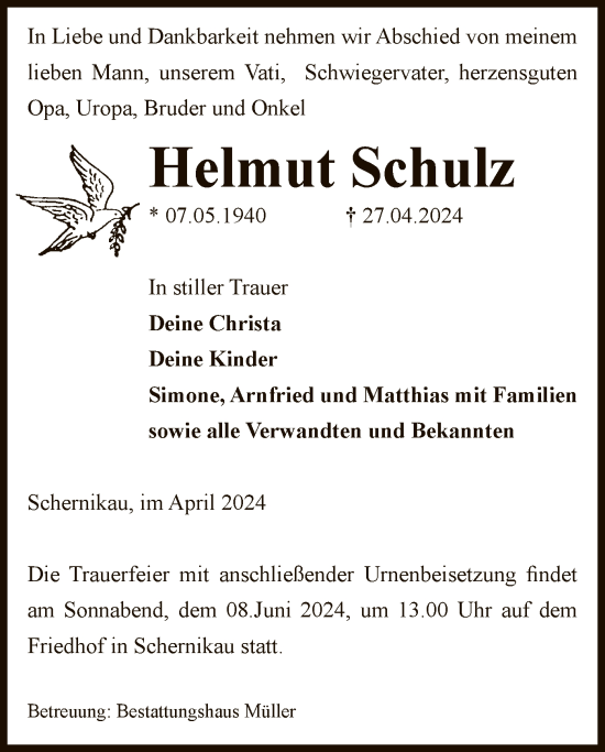 Traueranzeige von Helmut Schulz von UEL